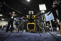 A YellowScan Navigator bathymetric LiDAR system is seen attached to a drone during CES Unveiled before the start of the CES tech show Sunday, Jan. 7, 2024, in Las Vegas. The system is designed for surveying land and waterbeds. (AP Photo/Ryan Sun)