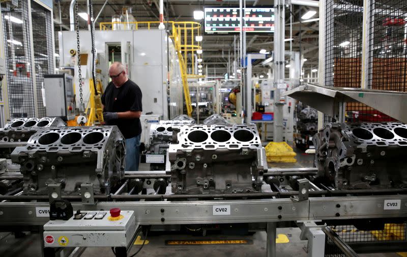 FILE PHOTO: Engine casting blocks, used in a variety of General Motors cars, trucks and crossovers, move down the assembly line at the GM Romulus Powertrain plant in Romulus,