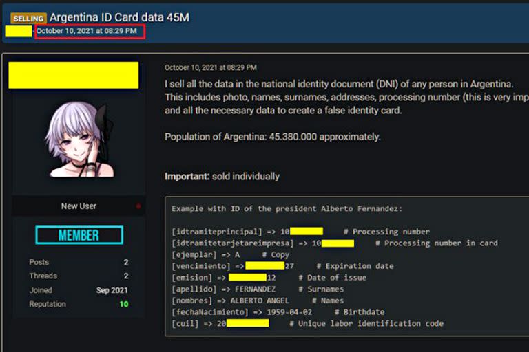 Captura que muestra la base de datos del RENAPER a la venta