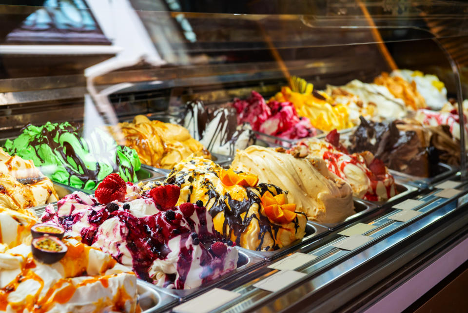 Ice cream in Rome, Italy. Italian gelato. Ice-cream café, show window with sweeties.