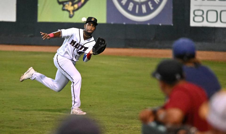 Modesto Nuts’ Lazaro Montes tracks down a ball in right field during the California League playoff game with San Jose at John Thurman Field in Modesto, Calif., Tuesday, September 12, 2023. Modesto won the game 6-5 in 10 innings.