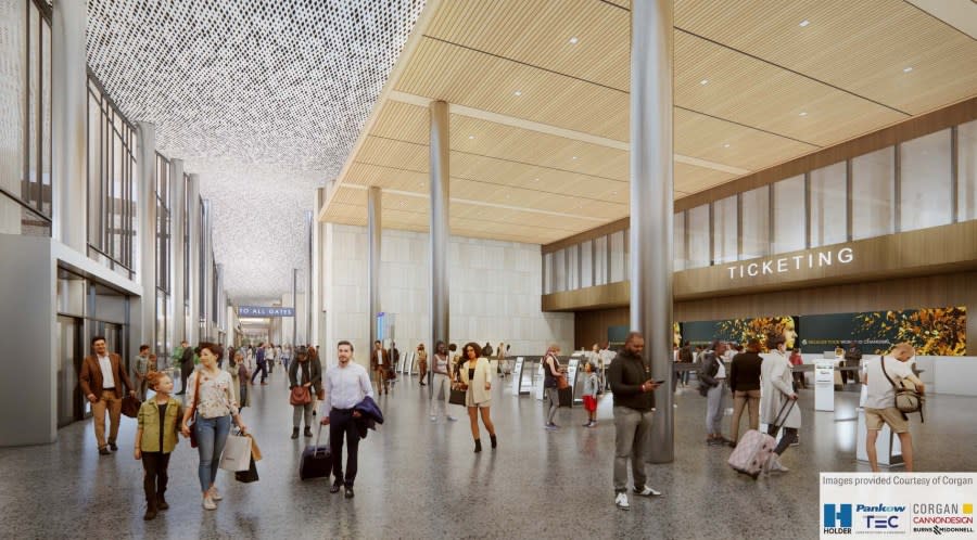 This rendering shows the interior of the new terminal of the Hollywood Burbank Airport. (Hollywood Burbank Airport, courtesy of Corgan)