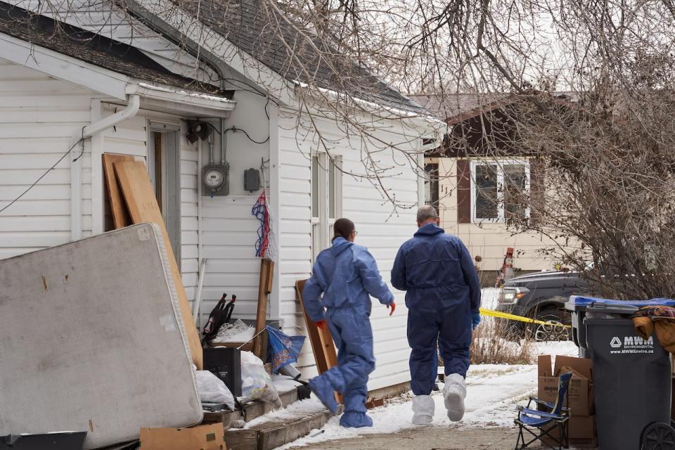 Forensic investigators on the scene of an ongoing investigation regarding five deaths in southern Manitoba, in Carman, Man., Monday, Feb. 12, 2024.