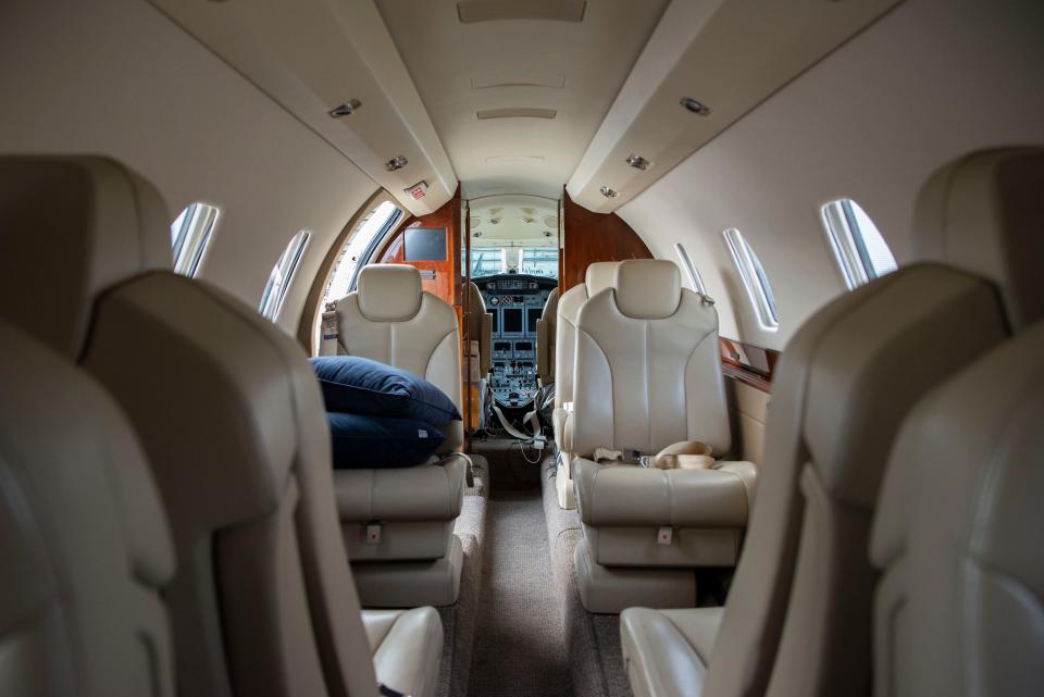 A view from the rear seating area of a Cessna Citation X private jet at the Jacqueline Cochran Airport on Jan. 13, 2022.