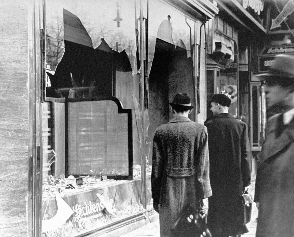 Shattered storefront of a Jewish-owned shop destroyed during Kristallnacht in Berlin, Germany, 1938. / Credit: Getty Images (Historical)