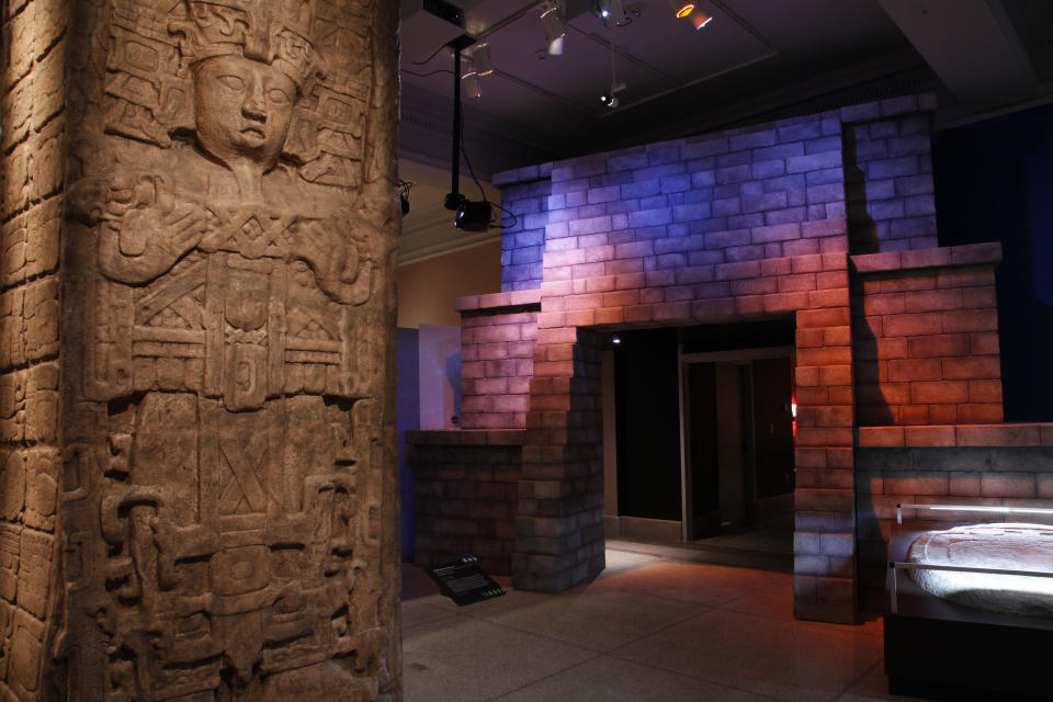 Shown is the exhibit Maya 2012: Lords of Time at the University of Pennsylvania Museum of Archaeology and Anthropology Wednesday, April 25, 2012, in Philadelphia. The exhibit is scheduled to open May 5. (AP Photo/Matt Rourke)