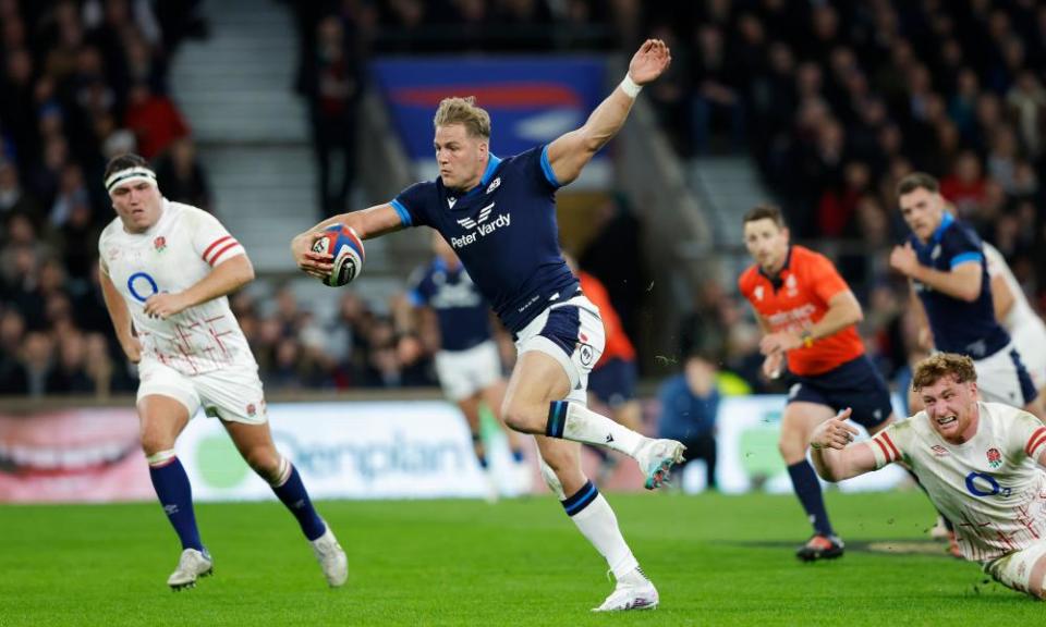 Duhan van Der Merwe scores Scotland’s second try against England in the Six Nations.