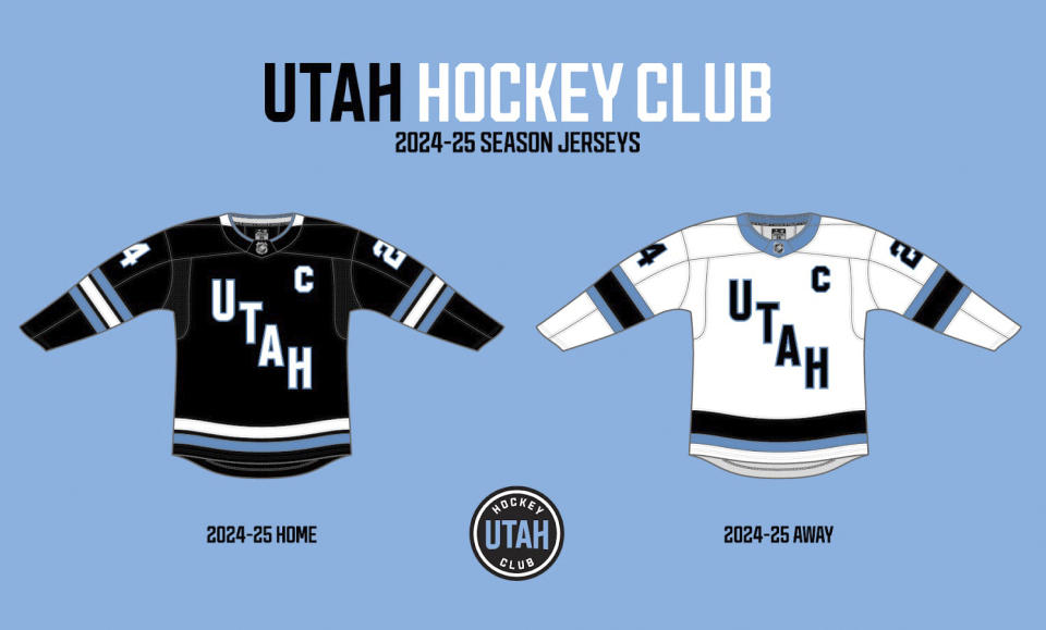 This rendering provided the Utah Hockey Club, shows the new NHL team's home and away uniform. Utah Hockey Club will be the name of the NHL team playing its games in Salt Lake City beginning this fall, with a long-term identity still to come. Smith Entertainment Group announced the move Thursday, June 13, 2024, and unveiled the initial logos and jerseys that will be used in 2024-25 season. (Utah Hockey Club via AP)