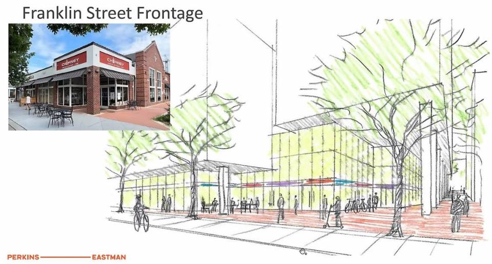 The street-level view of a proposed life sciences center in downtown Chapel Hill includes ground-floor retail spaces and a courtyard that connects West Franklin Street to West Rosemary Street.