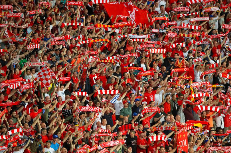 Liverpool fans in the stands ahead of the UEFA Champions League Final at the NSK Olimpiyskiy Stadium, Kiev