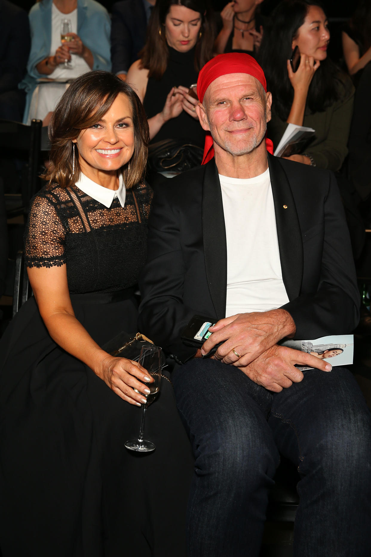 Lisa Wilkinson and Peter FitzSimons sit front row ahead of  the runway at the David Jones Spring/Summer 2016 Fashion Launch at Fox Studios on August 3, 2016 