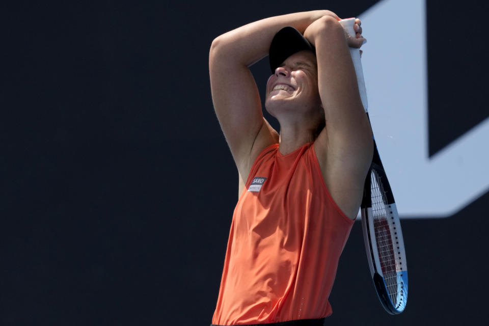 Maddison Inglis of Australia reacts after defeating Leylah Fernandez of Canada in their first round match at the Australian Open tennis championships in Melbourne, Australia, Tuesday, Jan. 18, 2022. (AP Photo/Simon Baker)