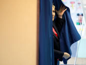 <p>French National Front (FN) candidate Marine Le Pen exits a voting booth during the second round of the French presidential election in Henin-Beaumont, France, May 7, 2017. (Charles Platiau/Reuters) </p>