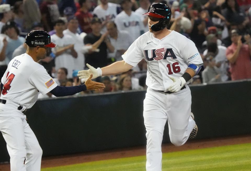 Mar 12, 2023; Phoenix, Arizona, USA; USA’s Will Smith (16) rounds the bases after his solo home run against Mexico during the World Baseball Classic at Chase Field. 