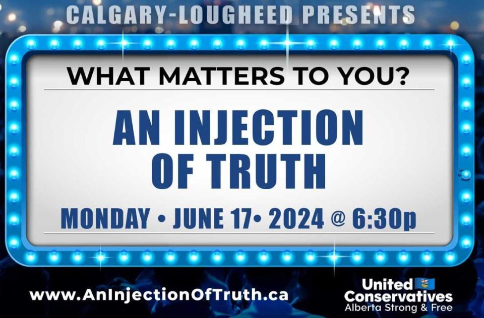 The United Conservative Party's logo is included on a poster for the event that casts doubt on COVID vaccine safety.