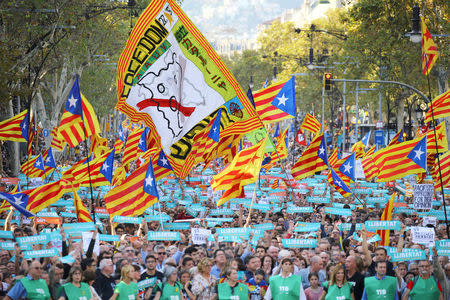 People wave separatist Catalan flags and placards during a demonstration organised by Catalan pro-independence movements ANC (Catalan National Assembly) and Omnium Cutural, following the imprisonment of their two leaders Jordi Sanchez and Jordi Cuixart, in Barcelona, Spain, October 21, 2017. REUTERS/Ivan Alvarado