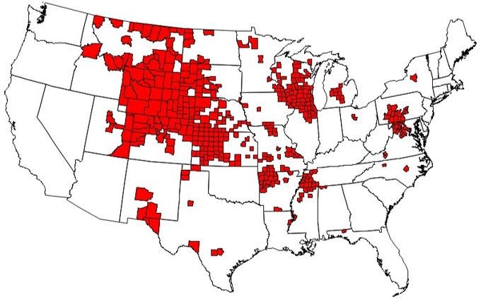 Cases of Chronic Wasting Disease among free-ranging cervids by county, as of November 2023. CWD has been detected in at least 31 states, not including Kentucky.