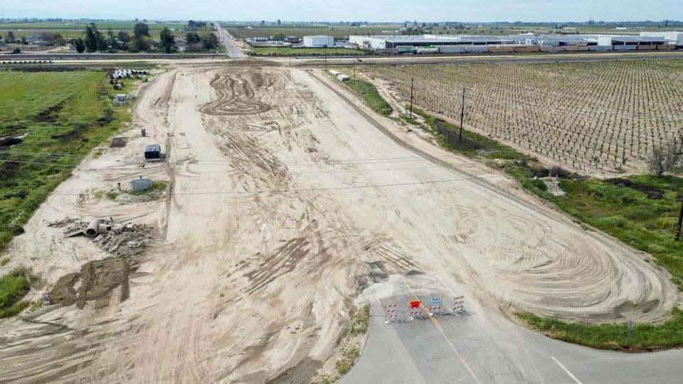 In this view looking west, Manning Avenue between Chance and Maple avenues south of Fresno will be closed through March 2026 for construction of a California High Speed-Rail overpass.