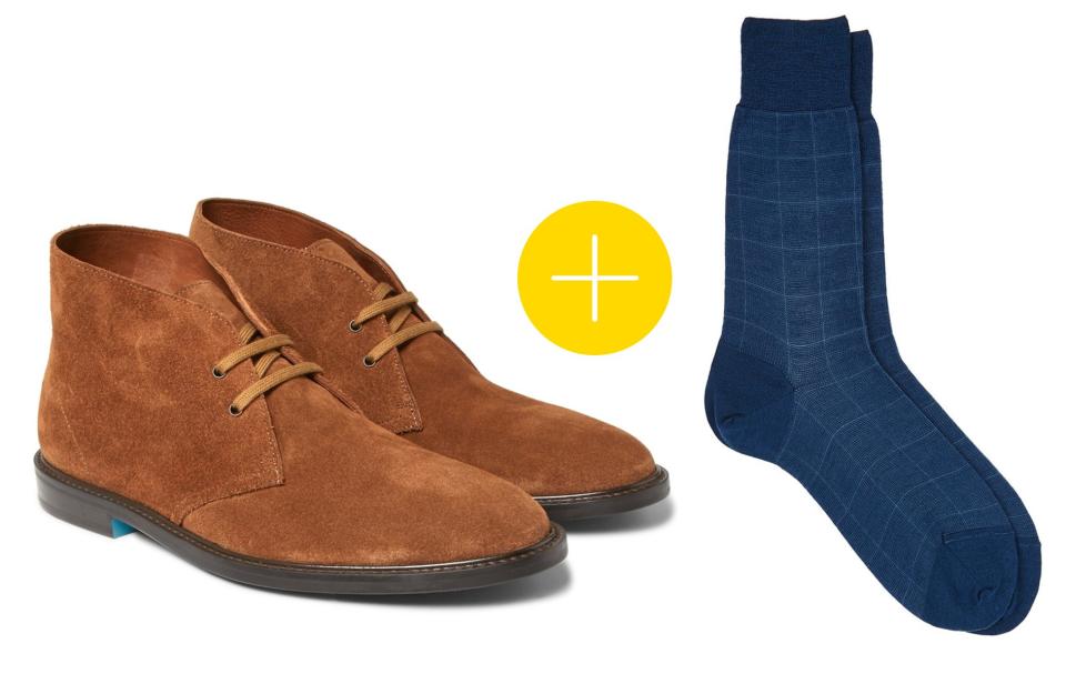 Suede Desert Boots + Window Pane Navy Socks