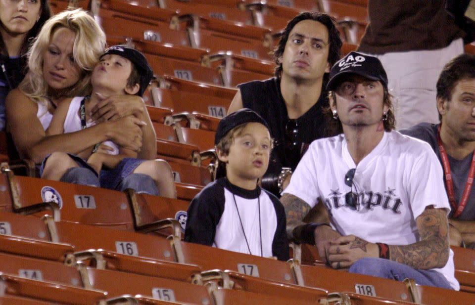 Pamela Anderson and Tommy Lee were on and off for many years. In August 2003, long after their divorce, they brought their sons to the X Games in Los Angeles. Source: Getty