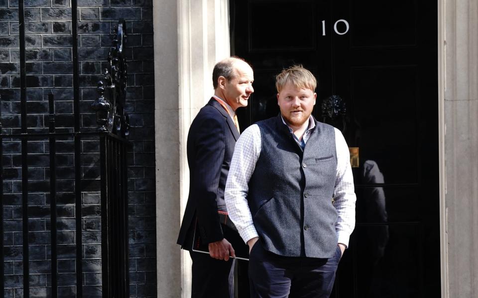 Kaleb Cooper, from the Clarkson's Farm TV show, is pictured outside No10 this morning as he attended the Government's "Farm to Fork" summit - Victoria Jones/PA