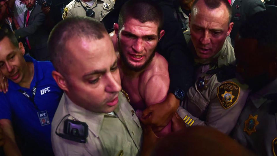 Khabib was escorted out by police after the incident at UFC 229. Pic: Getty