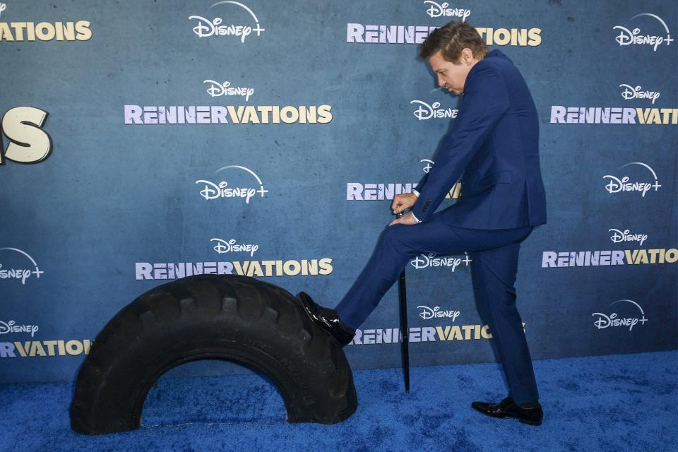 Host & Executive Producer Jeremy Renner arrives for the red carpet premiere of Disney+ original series "Rennervations" at the Regency Village Theatre in Westwood, California, on April 11, 2023. (Photo by VALERIE MACON / AFP) (Photo by VALERIE MACON/AFP via Getty Images)