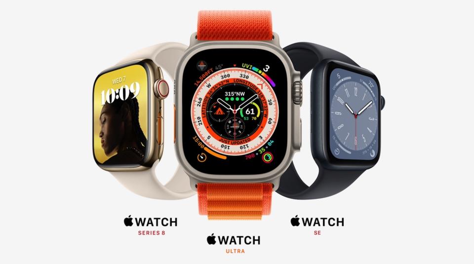 Apple Watch Series 8, Apple Watch Ultra, and Apple Watch SE. - Credit: Apple Inc.