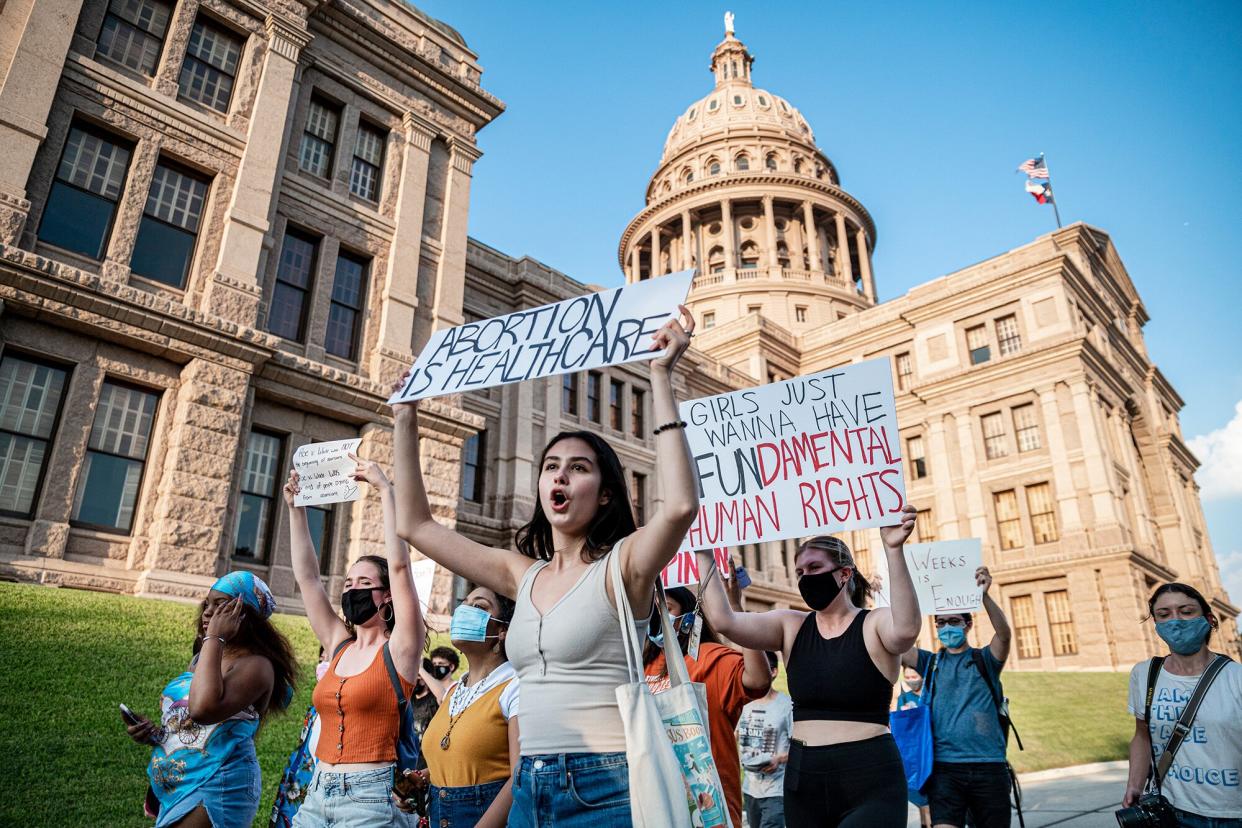 Pro-choice protesters march outside the Texas State Capitol on Wednesday, Sept. 1, 2021 in Austin, TX.