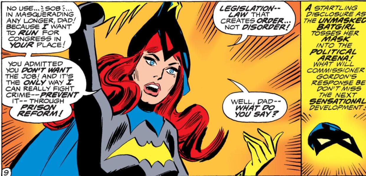 'The Unmasking of Batgirl,' story from Detective Comics, April 1972. <a href="https://www.dcuniverseinfinite.com/comics/book/detective-comics-1937-422/1bec2a4b-a5ac-46a6-b1c0-be8517ccc206" rel="nofollow noopener" target="_blank" data-ylk="slk:DC Universe Infinite;elm:context_link;itc:0;sec:content-canvas" class="link ">DC Universe Infinite</a>