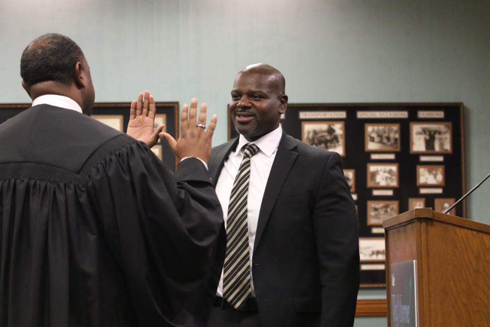 Rodney Welch takes the oath of office as the first Black member of the West Monroe Board of Aldermen in the city's history at City Hall on Tuesday.