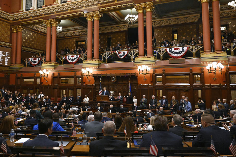 FILE — Connecticut Gov. Ned Lamont delivers the State of the State address during opening session of the Legislature, at the State Capitol, Jan. 4, 2023, in Hartford, Conn. Lawmakers in Connecticut, Wednesday, July 19, 2023, passed a bill that places new controls on state government's use of artificial intelligence. (AP Photo/Jessica Hill, File)