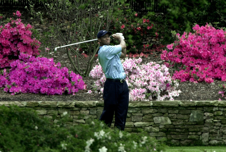 <p>Tiger Woods watches his tee shot on the 13th hole during third round play of the 2002 Masters Saturday, April 13, 2002, at the Augusta National Golf Club in Augusta, Ga. (AP Photo/Chris O’Meara) </p>