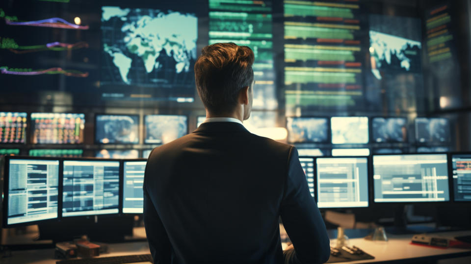 An executive standing in front of a large monitor that shows payment processing information.