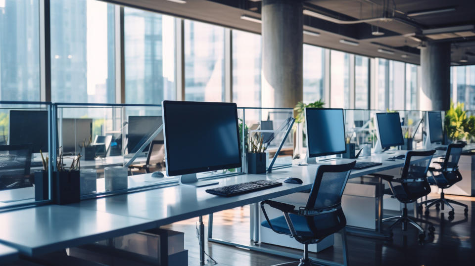 A row of desks in a modern office, filled with a diverse workforce.