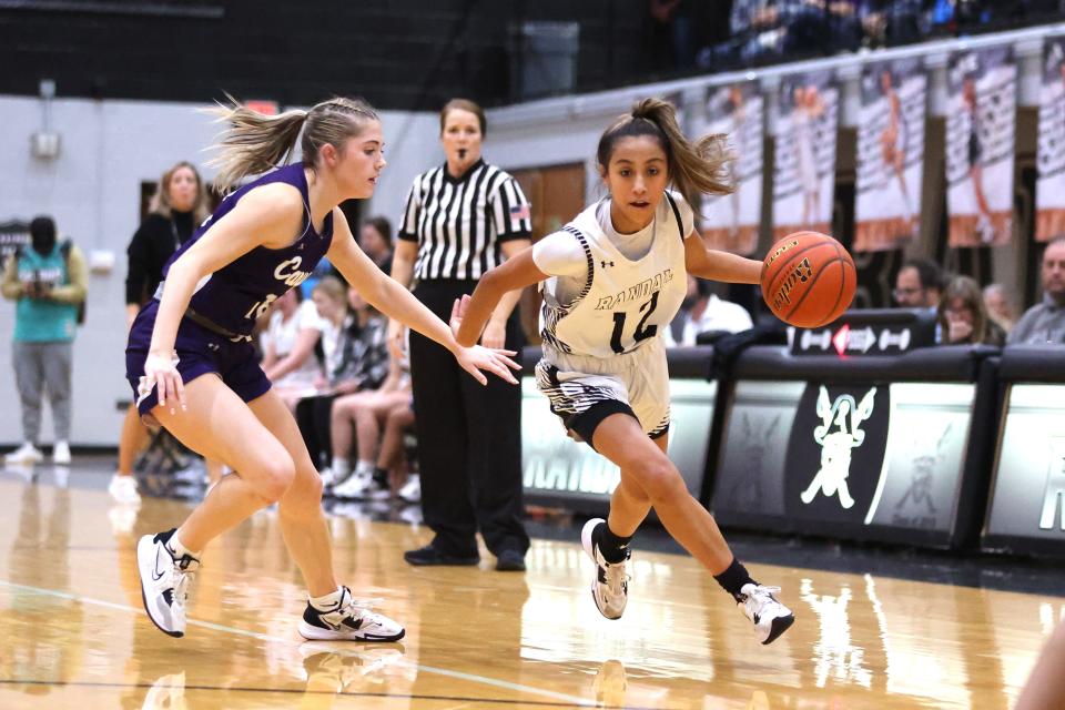 Randall’s Sadie Sanchez (12) drives the ball in a District 4-4A game against Canyon, Friday, January 6, 2023, at Randall High School Gym in Canyon. Canyon won 47-37.
