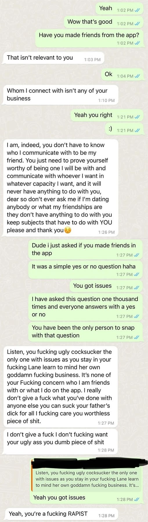 person gets angry and mean when asked if they've made friends through dating apps