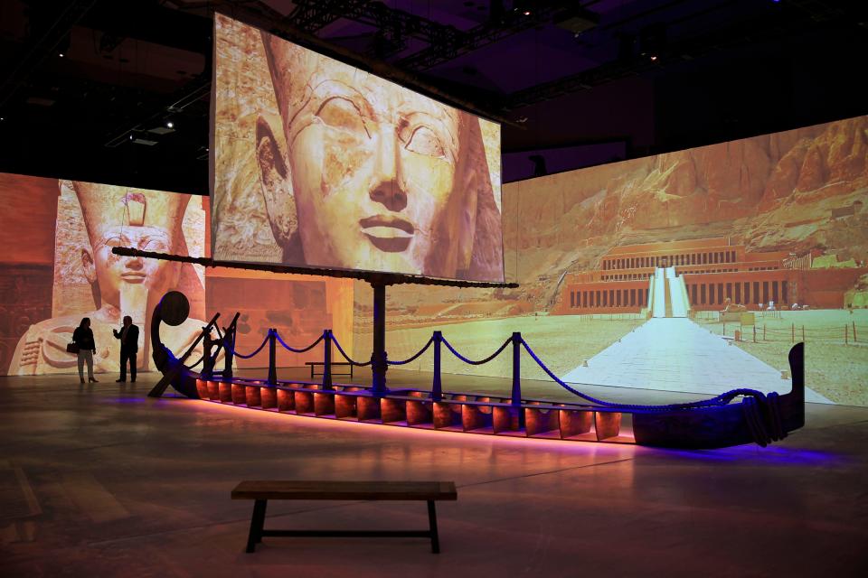 The centerpiece of "Beyond King Tut: The Immersive Experience" is the main gallery, where a reproduction of an Egyptian boat sits in the middle of the 90-by-40-foot room whose 22-foot walls and floors and the boat's sail serve as projection screens for a 23-minute loop that details King Tut's trip to the afterlife. The show opens Friday, June 9 at Jacksonville's NoCo Center.