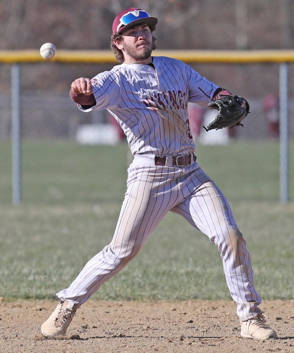 Waterloo's Aric May fires off a throw to first base against Crestwood during their baseball game at Waterloo High School in Atwater on Friday, March 29, 2024.