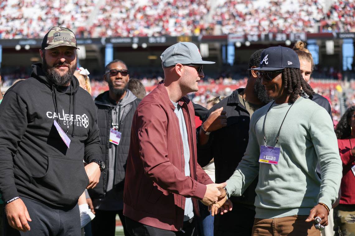 Former Gamecock players are recognized during halftime of the Gamecocks’ game at Williams-Brice Stadium in Columbia on Saturday, November 4, 2023.