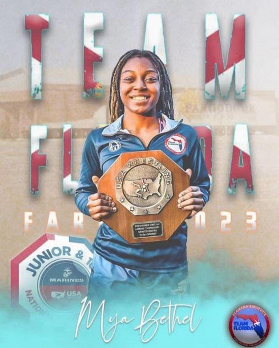 Team Florida freestyle wrestler Mya Bethel of North Miami High School finished first in the girls’ 144-pound division at the USMC 16U National Championships in Fargo, North Dakota. Photo Via Team Florida Wrestling Facebook