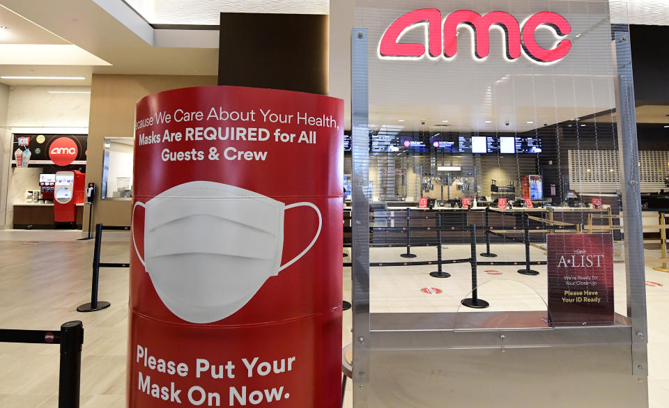 MONTCLAIR, CA - MARCH 31: Masks are required, except while eating and drinking, at the AMC Dine-in 12 movie theater in Montclair Wednesday Mar. 31, 2021