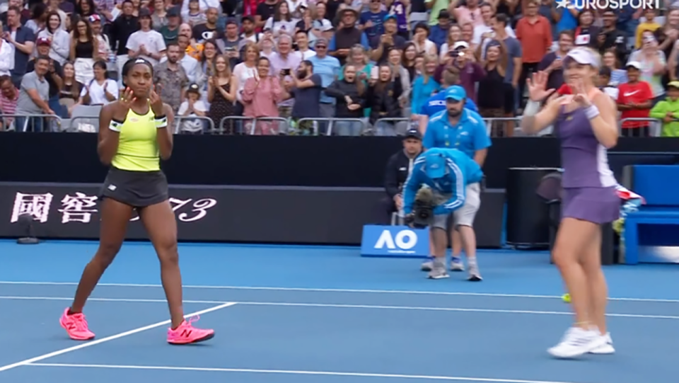 American doubles partners Coco Gauff and Caty McNally are pictured signalling the numbers 24 and 8 to the camera, a tribute to NBA legend Kobe Bryant.