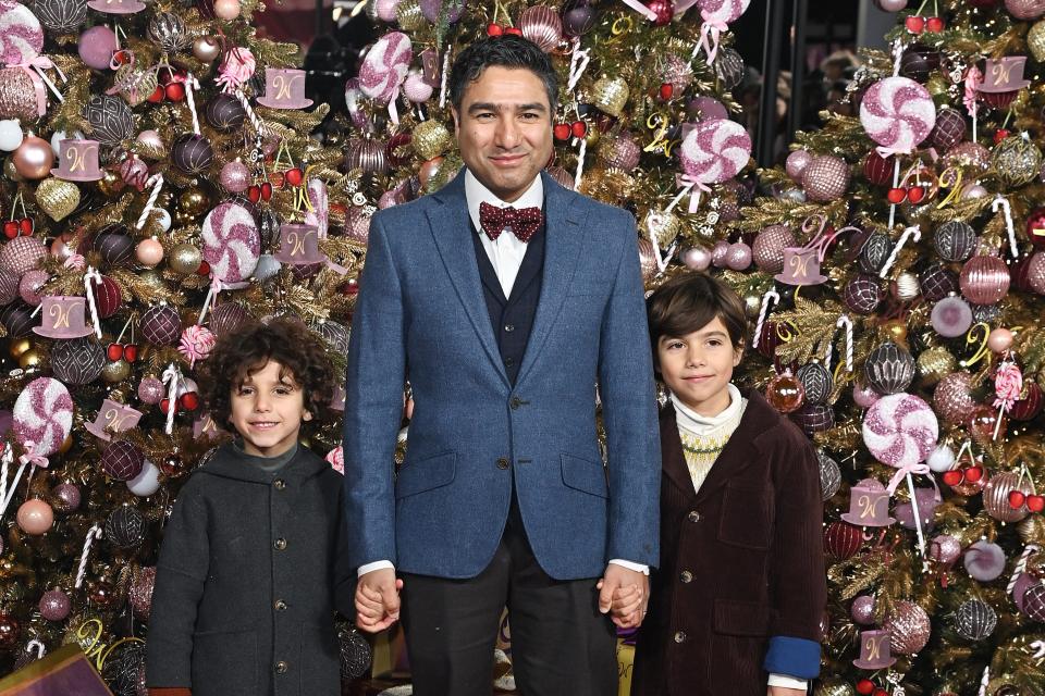 Nick Mohammed and sons Finn and Arthur attend the World Premiere of "Wonka" at The Royal Festival Hall in London, England.