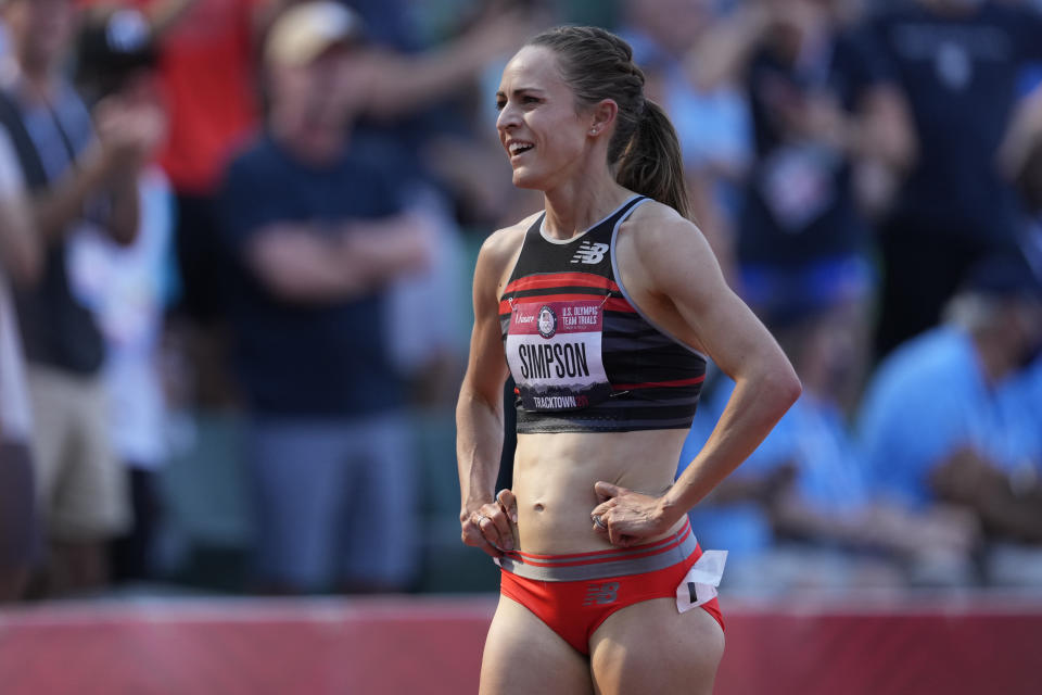 Jenny Simpson smiles after the finals of the women's 1500-meter run at the U.S. Olympic Track and Field Trials Monday, June 21, 2021, in Eugene, Ore. (AP Photo/Ashley Landis)