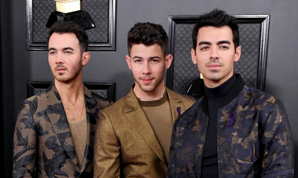 LOS ANGELES, CALIFORNIA - JANUARY 26: (L-R) Kevin Jonas, Nick Jonas and Joe Jonas of Jonas Brothers attend the 62nd Annual GRAMMY Awards at Staples Center on January 26, 2020 in Los Angeles, California. (Photo by Jon Kopaloff/FilmMagic)