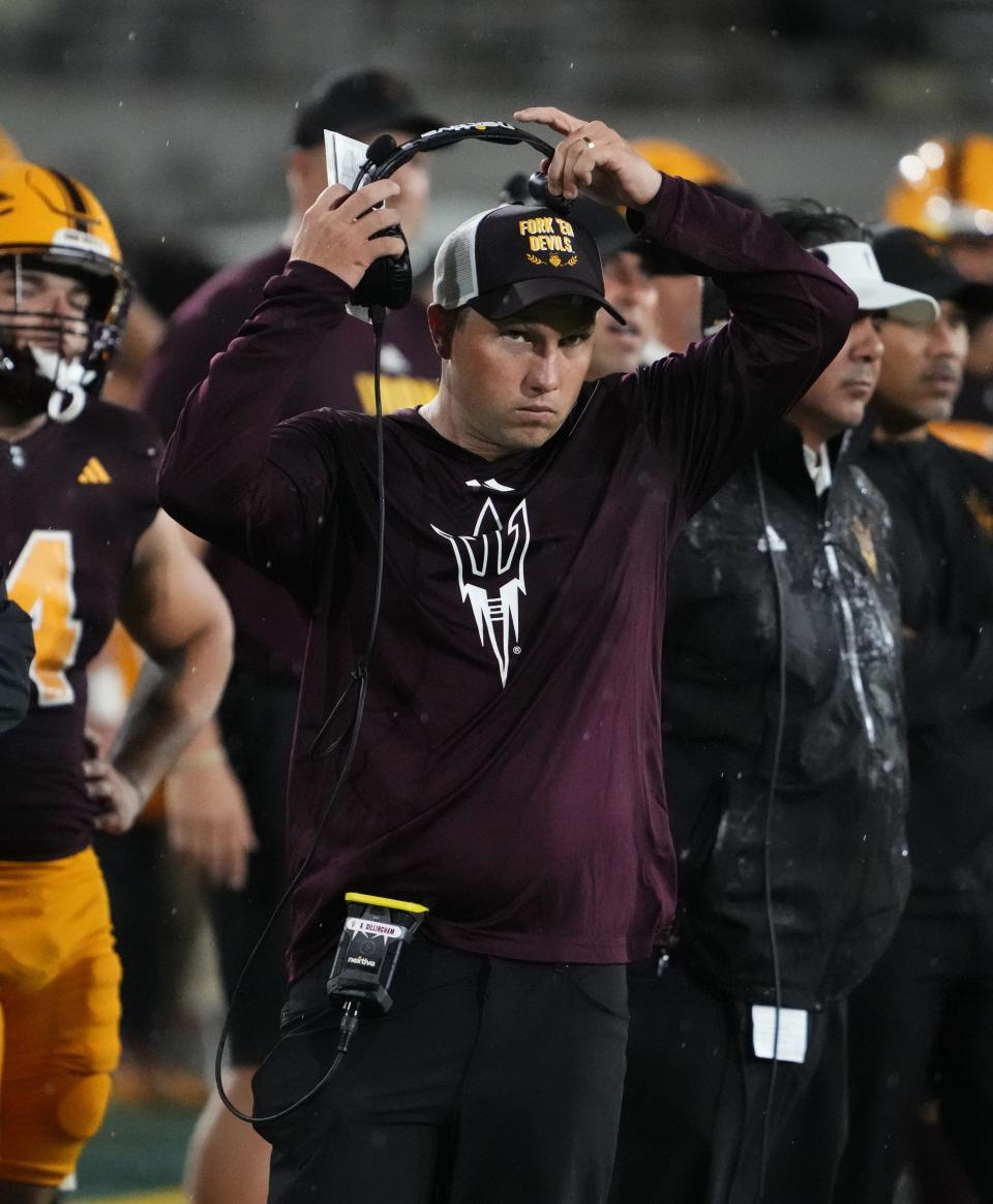 Arizona State head coach Kenny Dillingham reacts during action against the Southern Utah Thunderbirds in the second half at Mountain America Stadium in Tempe on Sept. 1, 2023.