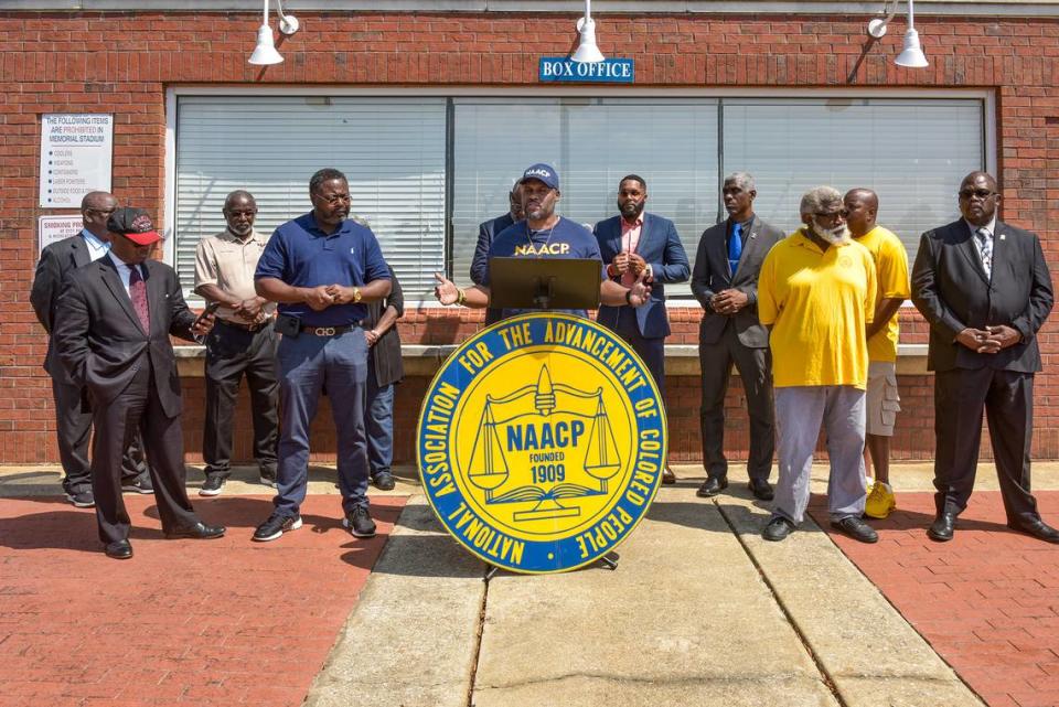 State President of the Georgia NAACP Gerald Griggs speaks during the Sept. 9, 2023, news conference at A.J. McClung Memorial Stadium to address the violence that occurred at the stadium during the Aug. 25 Heritage Bowl.