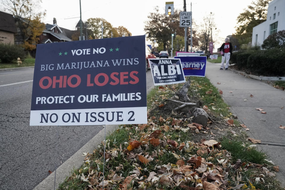 A sign against Issue 2 sits near a polling place on Election Day, Tuesday, Nov. 7, 2023, in Cincinnati. The ballot issue would legalize recreational marijuana in Ohio and allow adults 21 and over to possess up to 2.5 ounces of cannabis and to grow plants at home. Ohio would become the 24th state to legalize recreational marijuana if the measure passes. (AP Photo/Joshua A. Bickel)