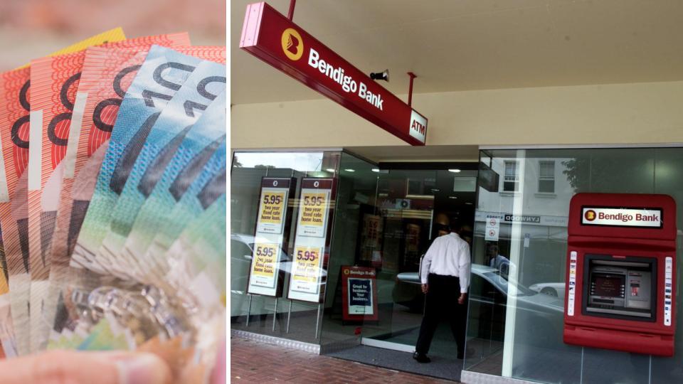 A composite image of Australian currency and the exterior of a Bendigo Bank branch.